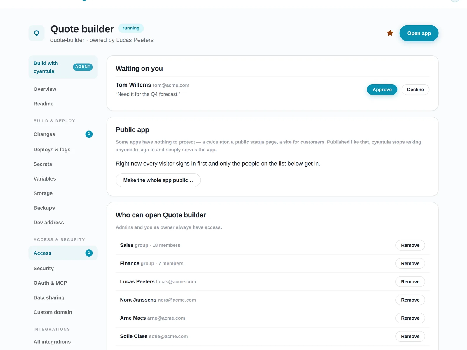 The Access tab of an app: a pending access request to approve, the option to make the app public, and the people and groups who can open it