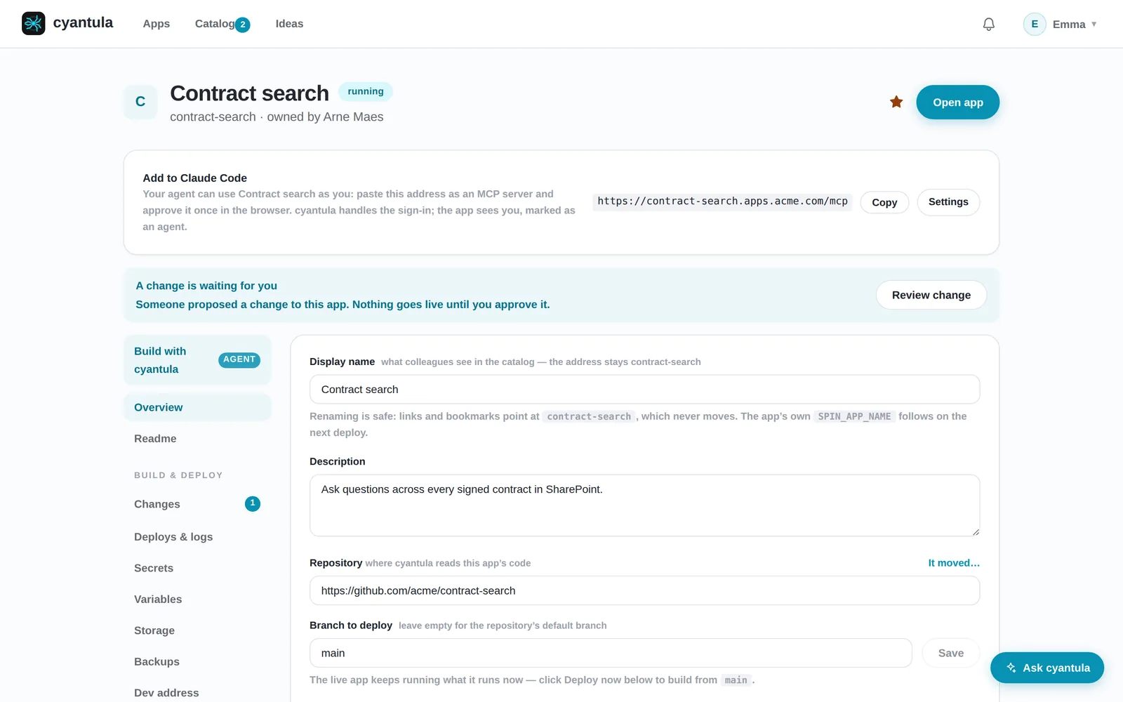 An app page in cyantula with an Add to Claude Code card that gives the MCP address of the app