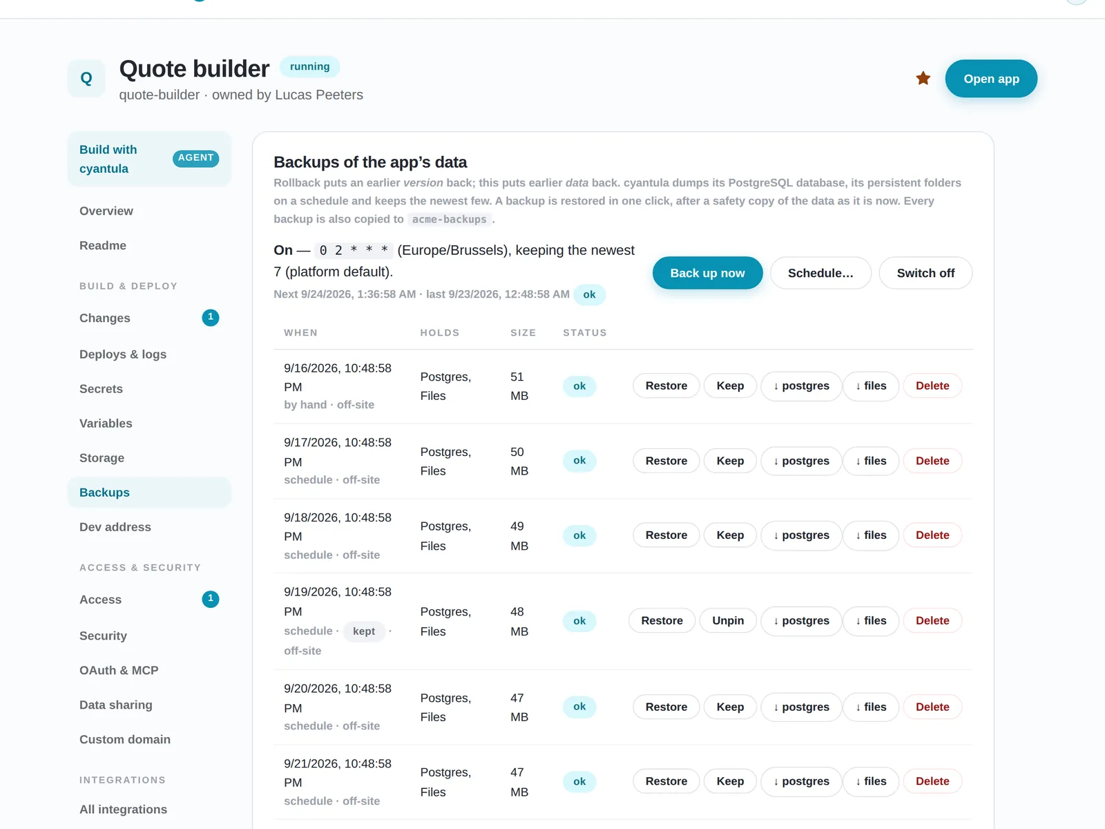The backups tab of an app: a nightly schedule, the newest seven backups and a Restore button on each one