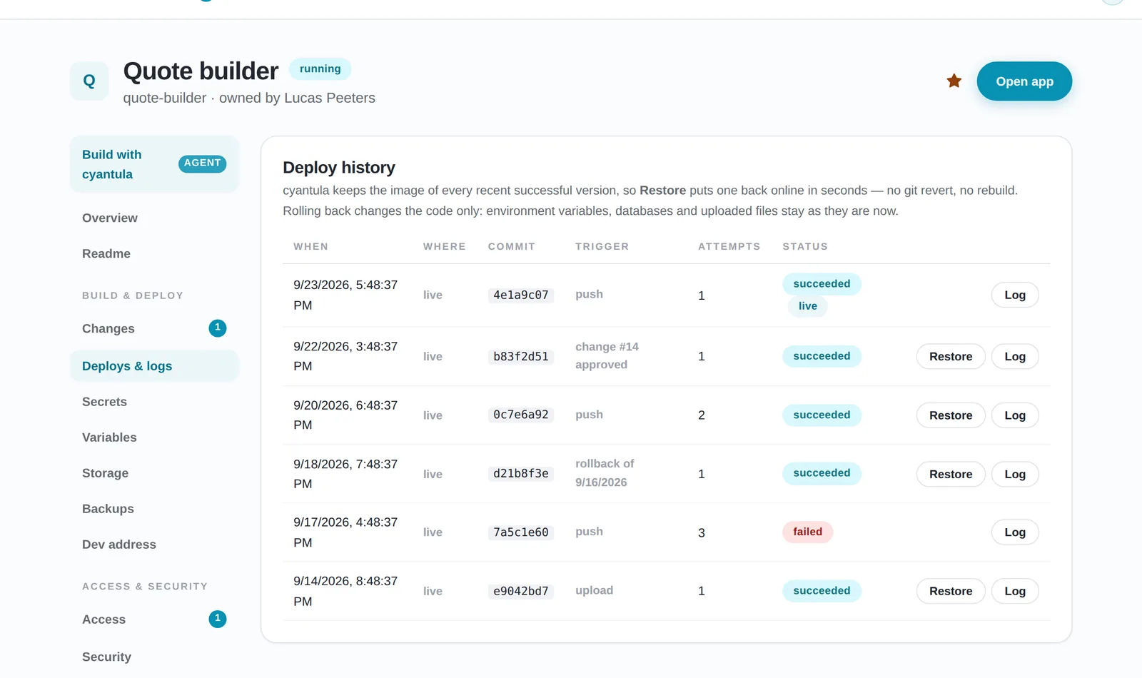 The deploy history of an app: each version with its commit, trigger and status, and a Restore button that puts an earlier version back online