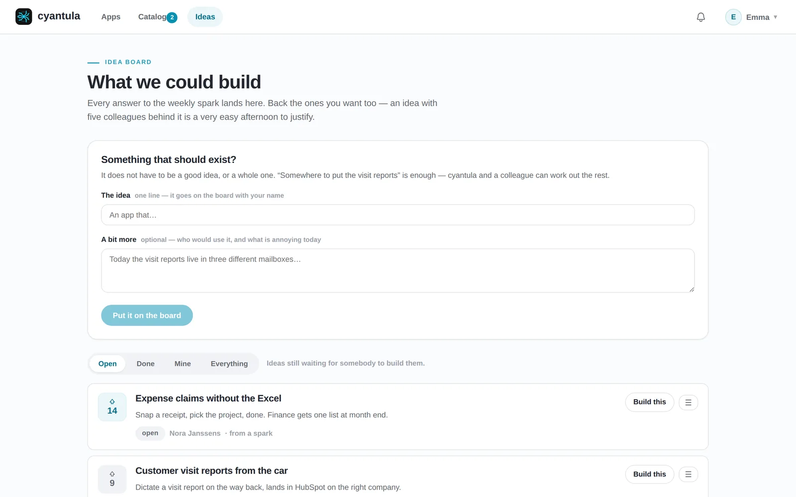 The idea board: colleagues post app ideas, back the ones they want too, and hand an idea straight to publishing with Build this