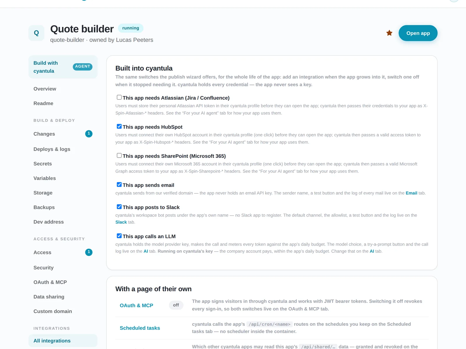 The All integrations tab of an app: ticks for Atlassian, HubSpot, SharePoint, email, Slack and an LLM, plus OAuth, scheduled tasks, data sharing and a custom domain