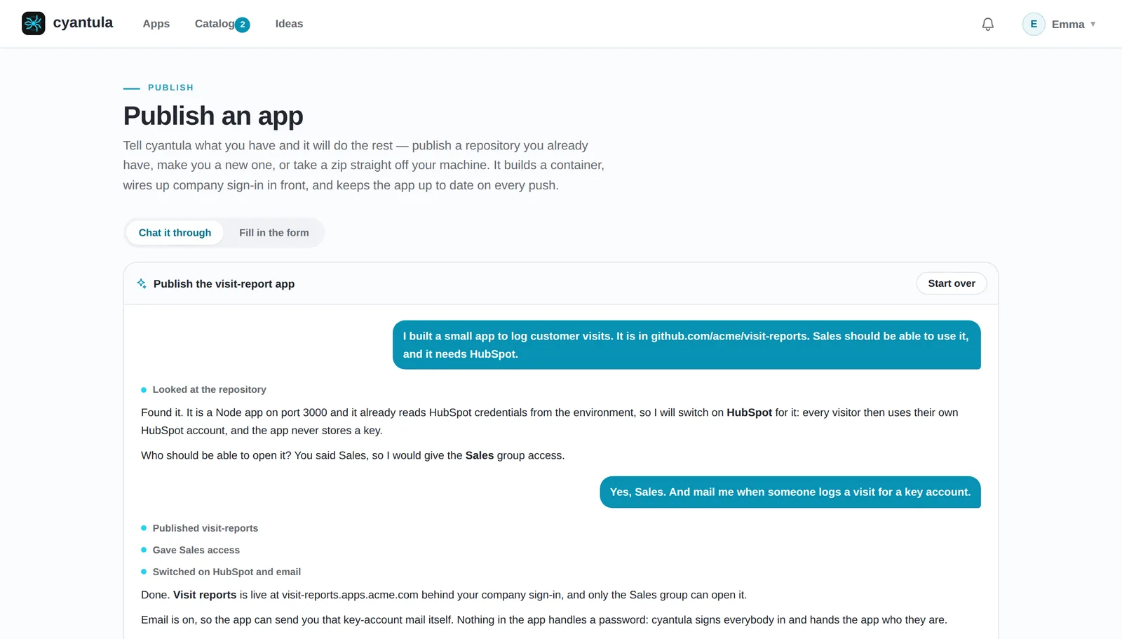 Publishing an app by chatting with cyantula: it reads the repository, switches on HubSpot, gives the Sales group access and reports the app live