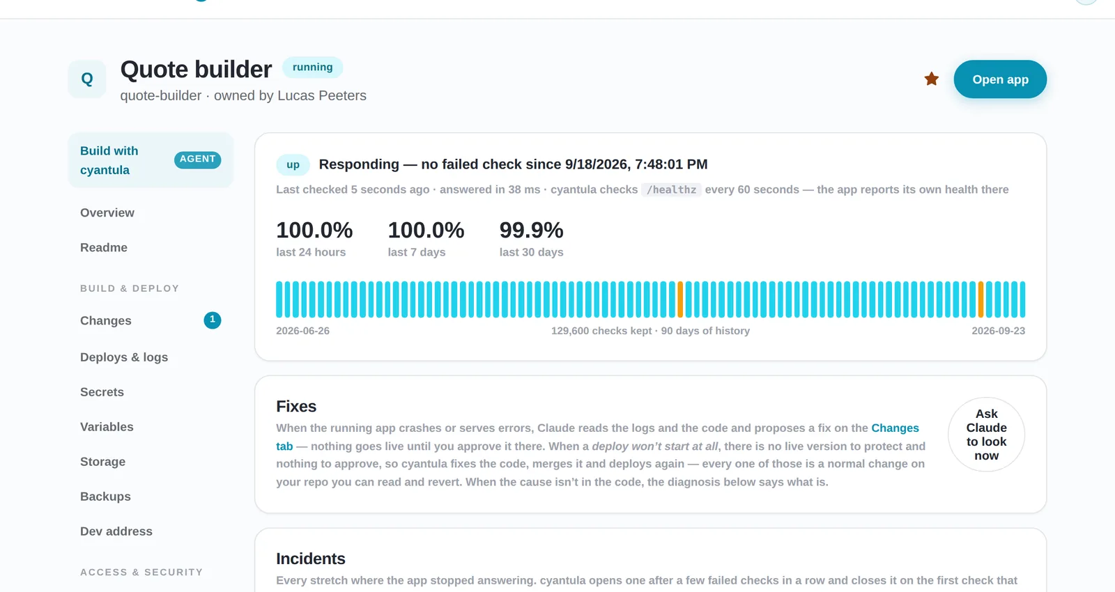 The status tab of an app: 90 days of uptime bars, the uptime percentage and the incident log